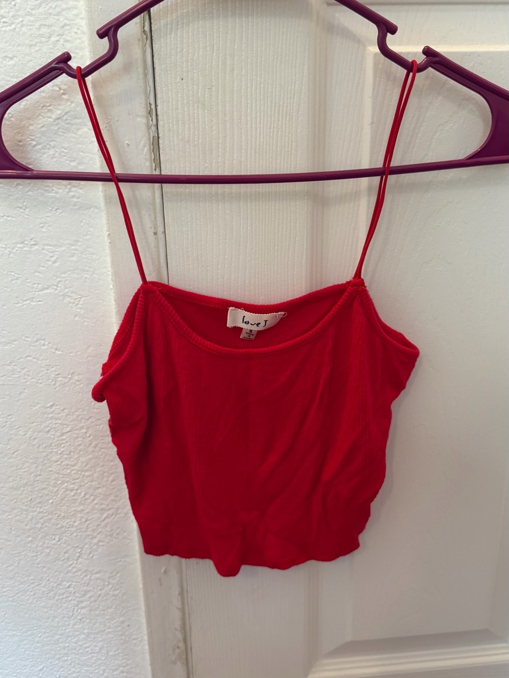 Love J Red Ribbed Spaghetti-Strap Crop Top